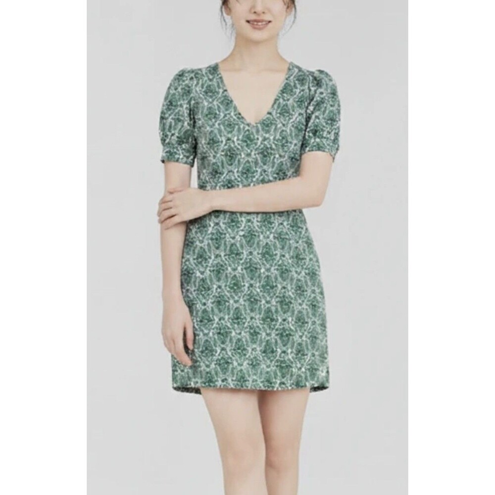 Boden Dress Womens 8R Green White Floral Print V Neck Short Sleeve Cotton